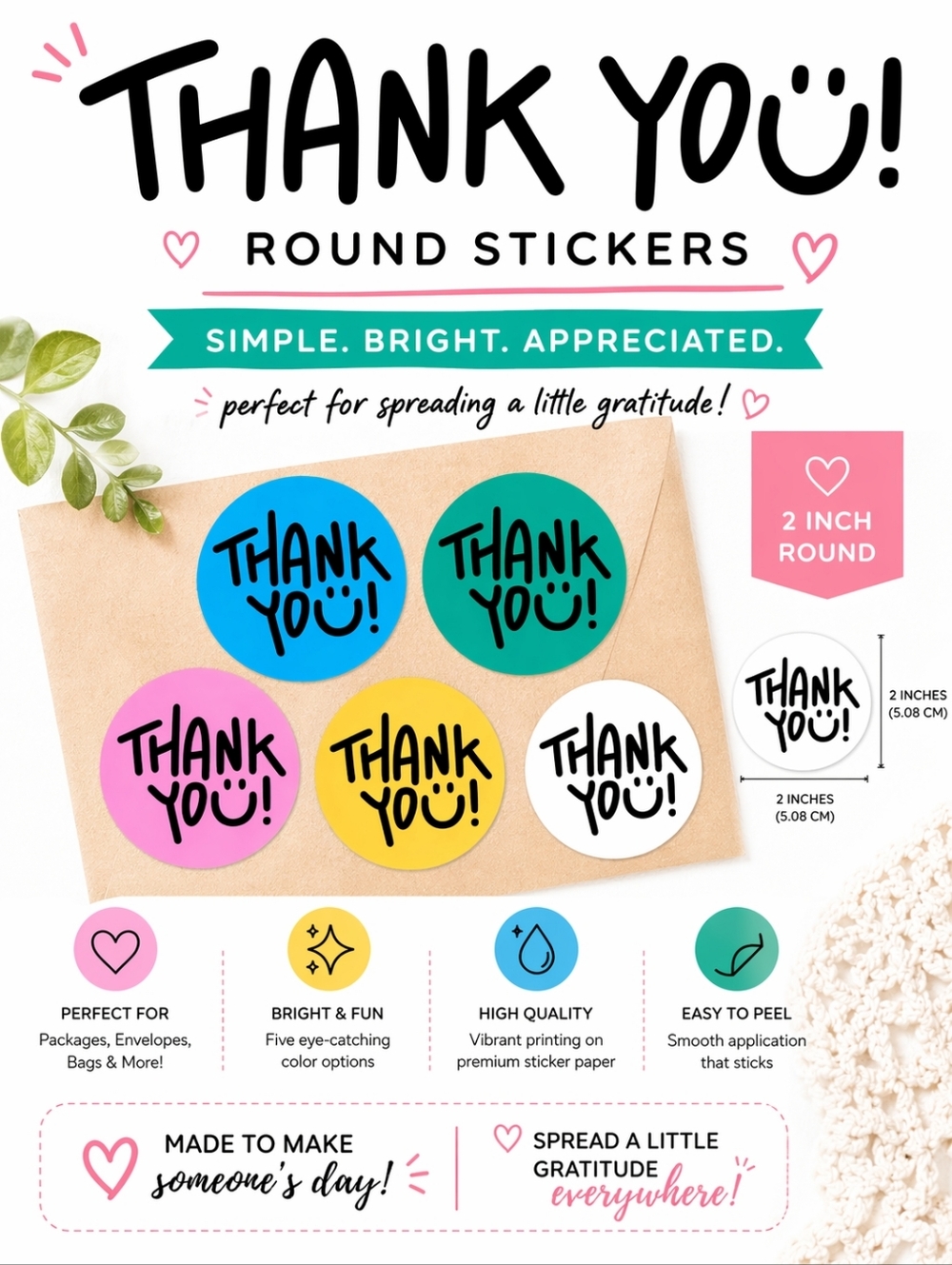 100 Count Thank You Stickers 2x2 Round Matte Labels Assorted Or Single Color